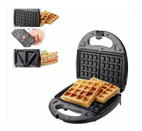 Maquina 3 En 1 Waflera Sandwichera Donas Maquina Rapida Color Negro