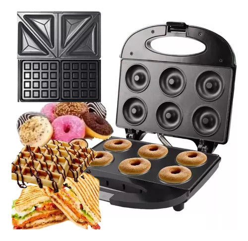 Maquina 3 En 1 Waflera Sandwichera Donas Maquina Rapida Color Negro