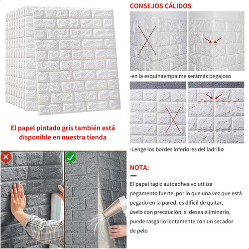 Pack 10 Laminas Papel Mural 3d Ladrillo Pared Blanco 77x70cm
