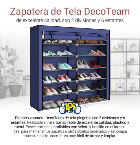 Zapatera De Tela Decoteam Con Cierre Y 6 Estantes Azul