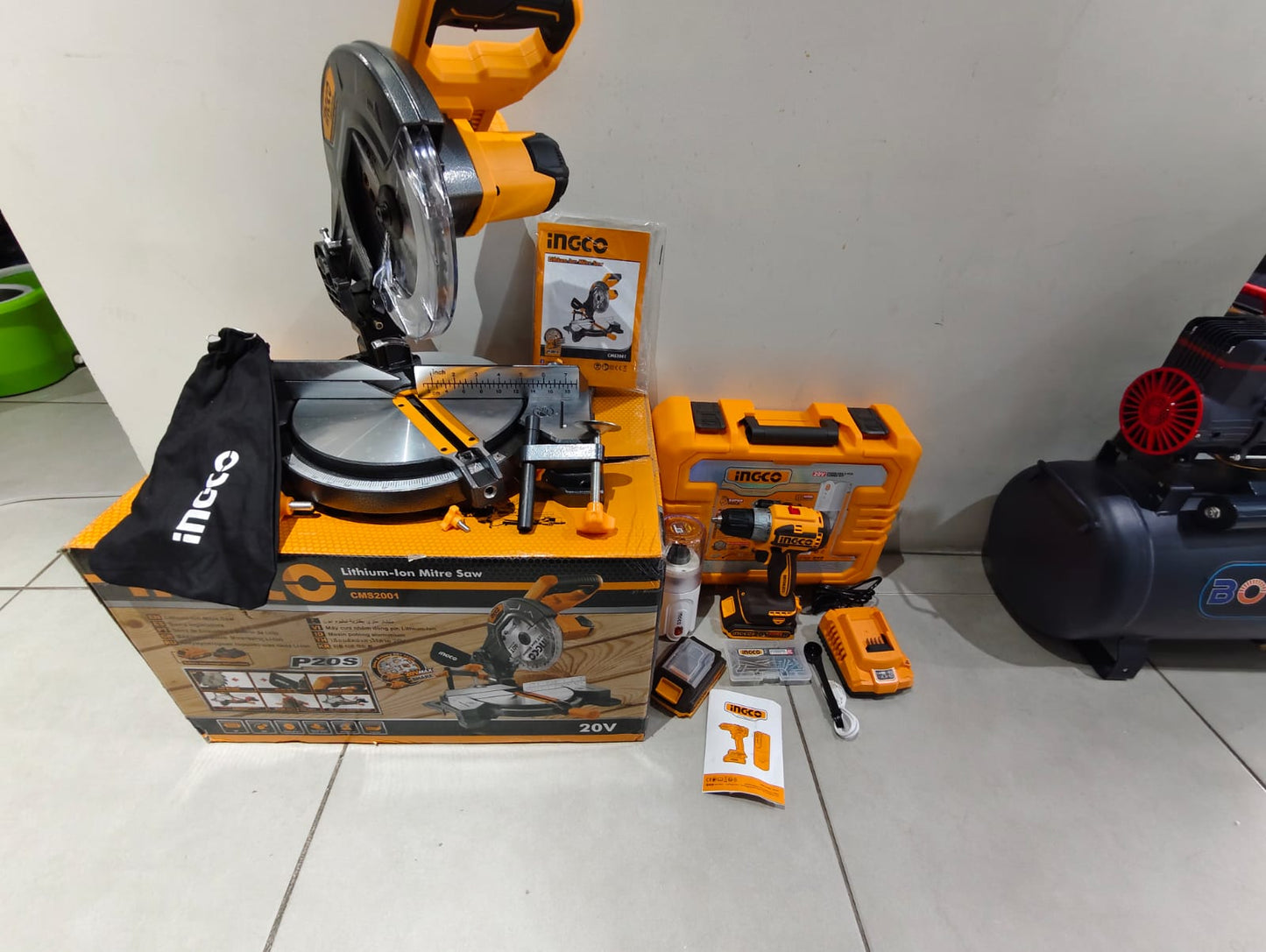 Kit de 3 herramientas Ingletadora de 20 voltios, taladro inalámbrico y mini molino de café