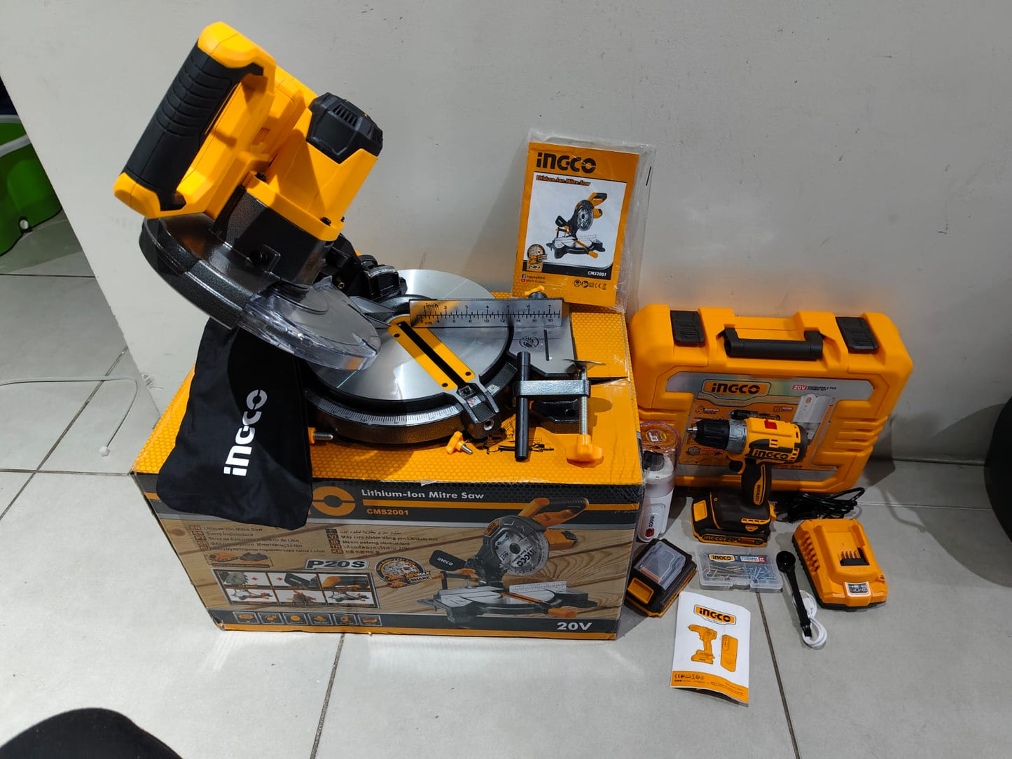 Kit de 3 herramientas Ingletadora de 20 voltios, taladro inalámbrico y mini molino de café