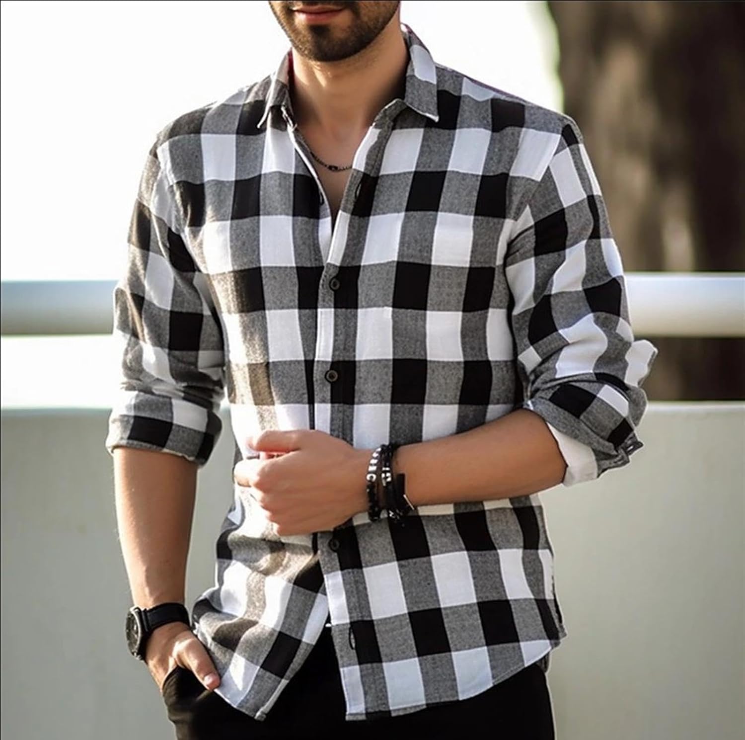 Camisa con Estampado a Cuadros para Hombre Primavera Otoño Casual Solapa Suelta Camisa De Manga Larga