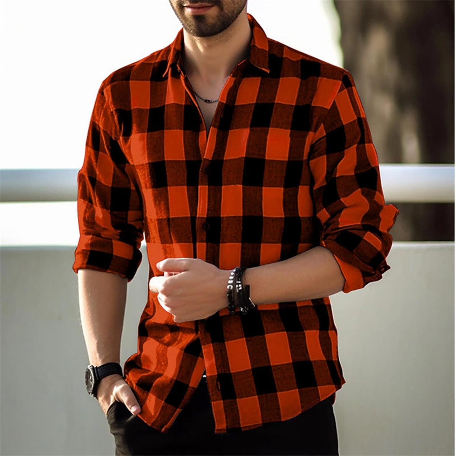 Camisa con Estampado a Cuadros para Hombre Primavera Otoño Casual Solapa Suelta Camisa De Manga Larga