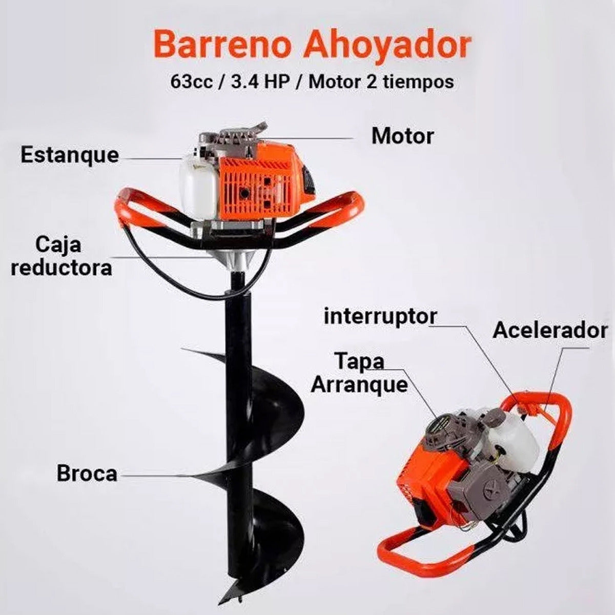 Ahoyador Barreno 63cc 3 Brocas y Extension Lic Japones Color Naranja Claro