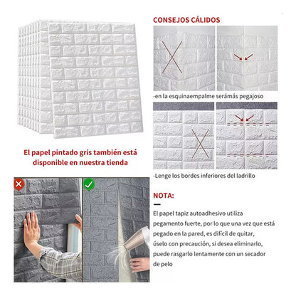 Pack 10 Laminas Papel Mural 3d Ladrillo Pared Blanco 77x70cm